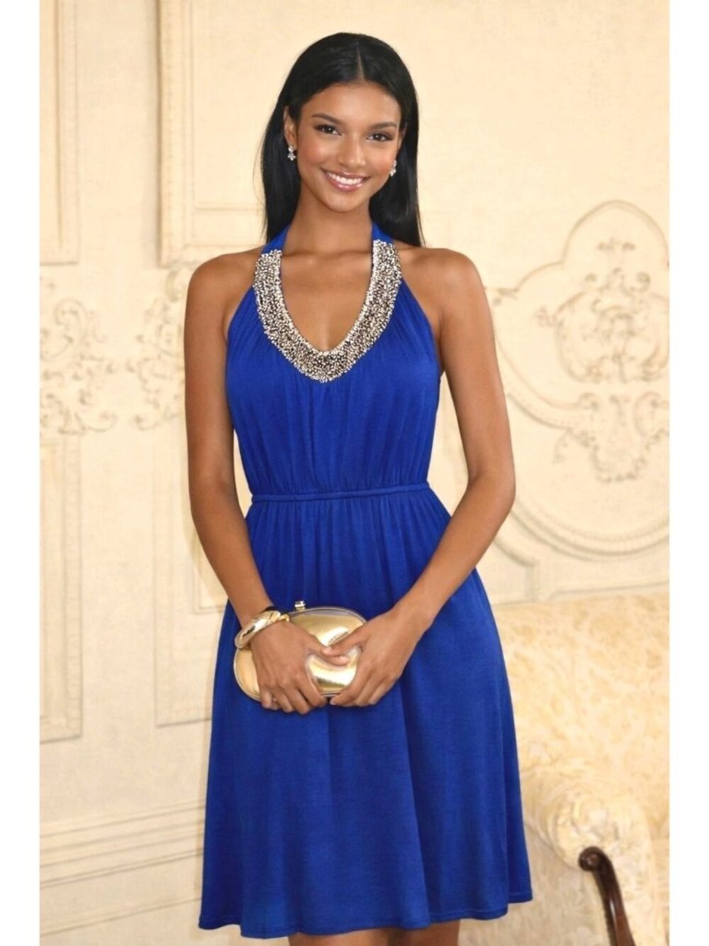 Apt 9 Size XL Royal Blue Beaded Halter Midi Dress Stretch Cocktail Wedding Guest